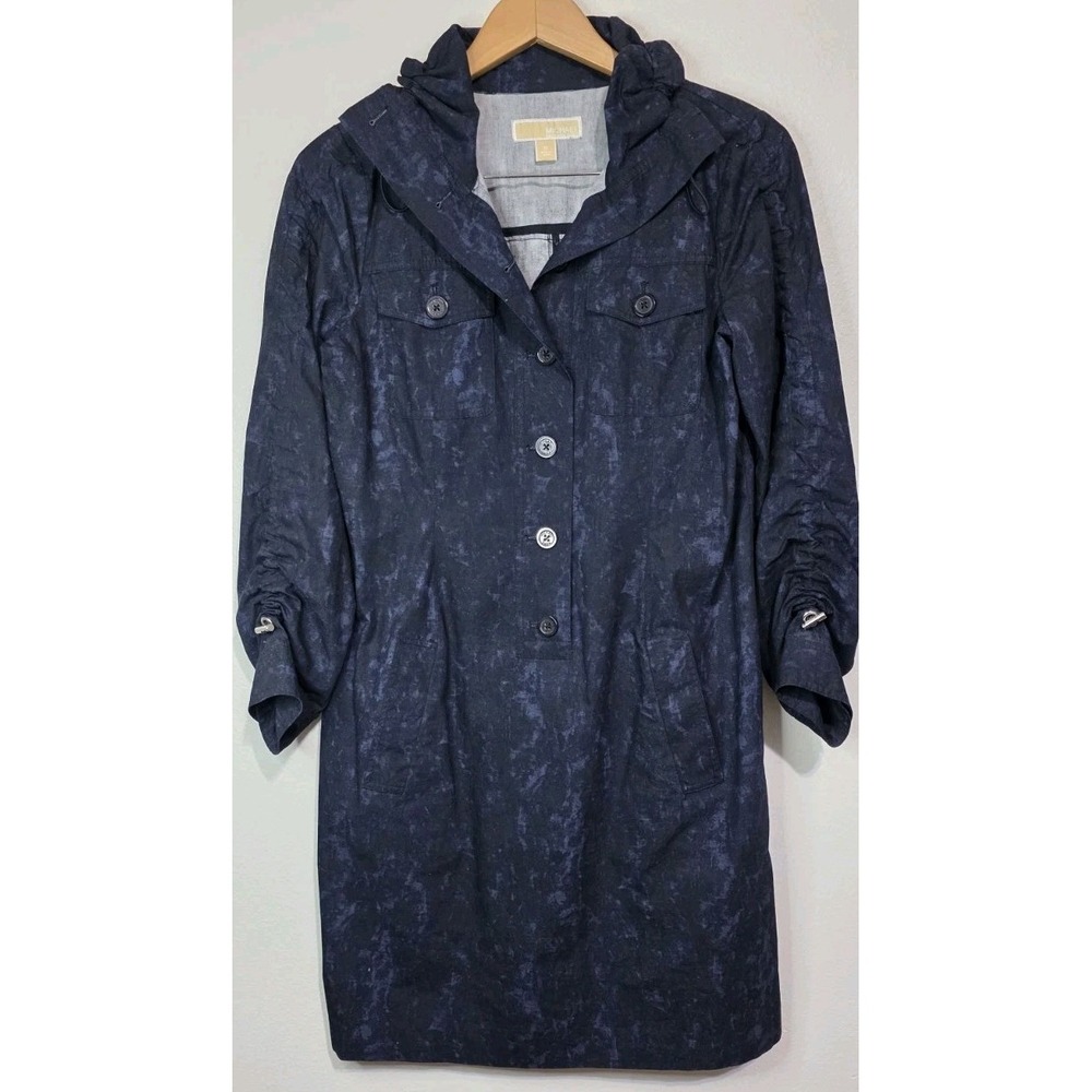 NEW Michael Kors Women Blue Scrunch Shirt  Stretch Dress‎ M 3/4 Sleeve Button Up